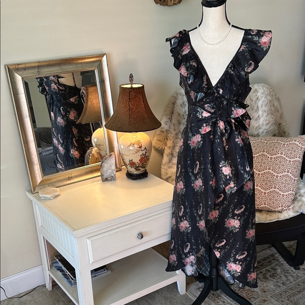 Love shack fancy cosmo rare black floral ruffle silk high low midi dress M L​​